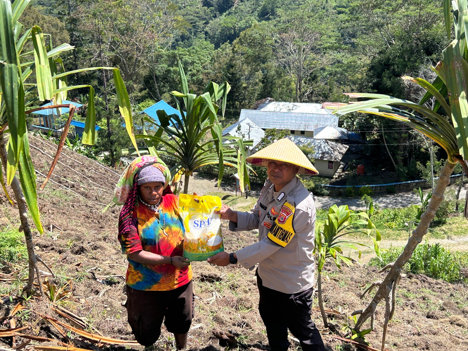 Bhabinkamtibmas Polres Tolikara Laksanakan Pengecekan Lahan dan Berikan Bibit Tanaman serta Sembako