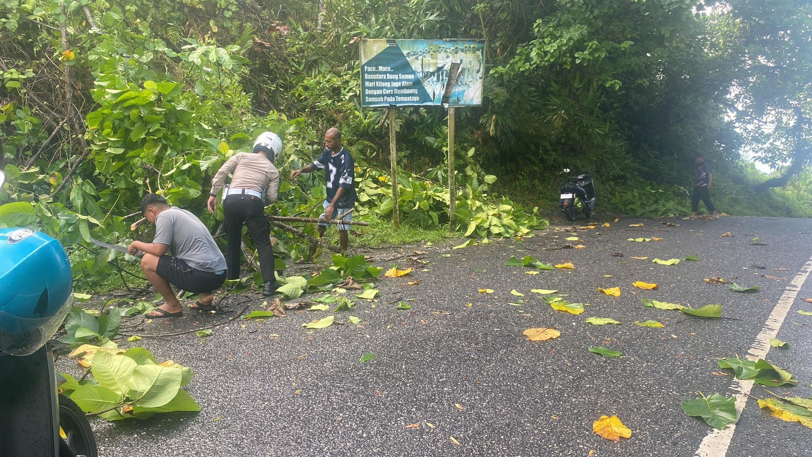 Ciptakan Kamseltibcar Lantas, Personel Sat Lantas Bantu Warga Bersihkan Pohon Tumbang di Waropen