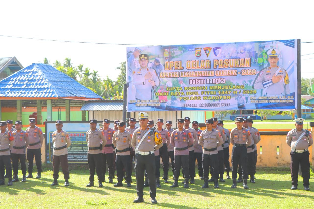 Polres Waropen Laksanakan Apel Gelar Pasukan Operasi Keselamatan Cartenz 2026, Wujudkan Kamseltibcarlantas Jelang Idul Fitri 1447 H.